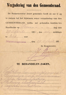 Uitnodiging raadsvergadering Munstergeleen 1927