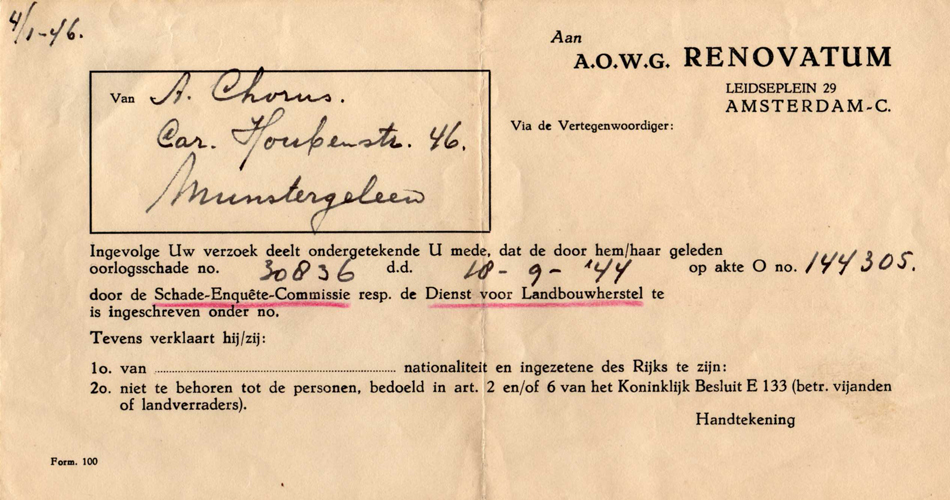 Inschrijving van geleden oorlogsschade 1944