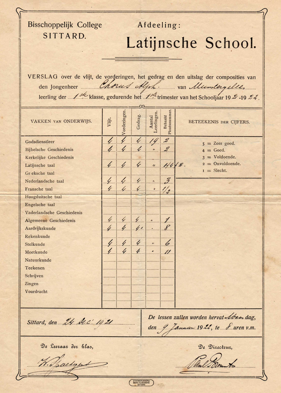 Rapport Bisschoppelijk College 1921 Alphons Chorus