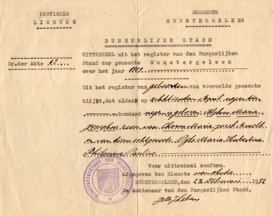 Uittreksel Bevolkingsregister Gemeente Munstergeleen Alfons Chorus 1932